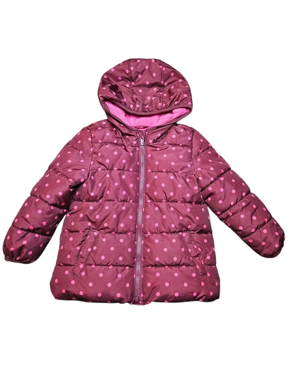 Old Navy Girls 4T Burgundy Pink Polka Dot Hooded Puffer Jacket